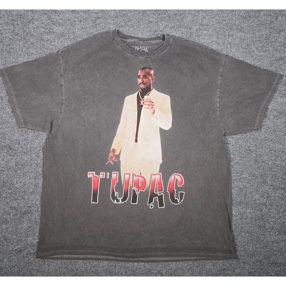 2Pac Thug Life Graphic T-Shirt XL Washed Charcoal Grey Double Sided Rap Tee